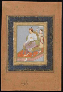 Ülő herceg kísérővel, különálló albumfólió festménnyel, 1900 körül (átlátszatlan akvarell, tus és arany papíron) alkotó: Indian School